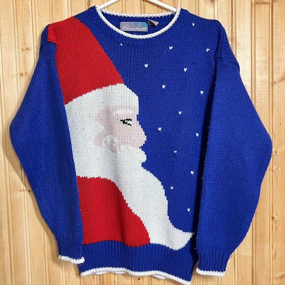 Ugly Christmas Sweater Santa Claus VTG Pinwheels Loose Knit Acrylic Korea Sz S - Picture 2 of 7